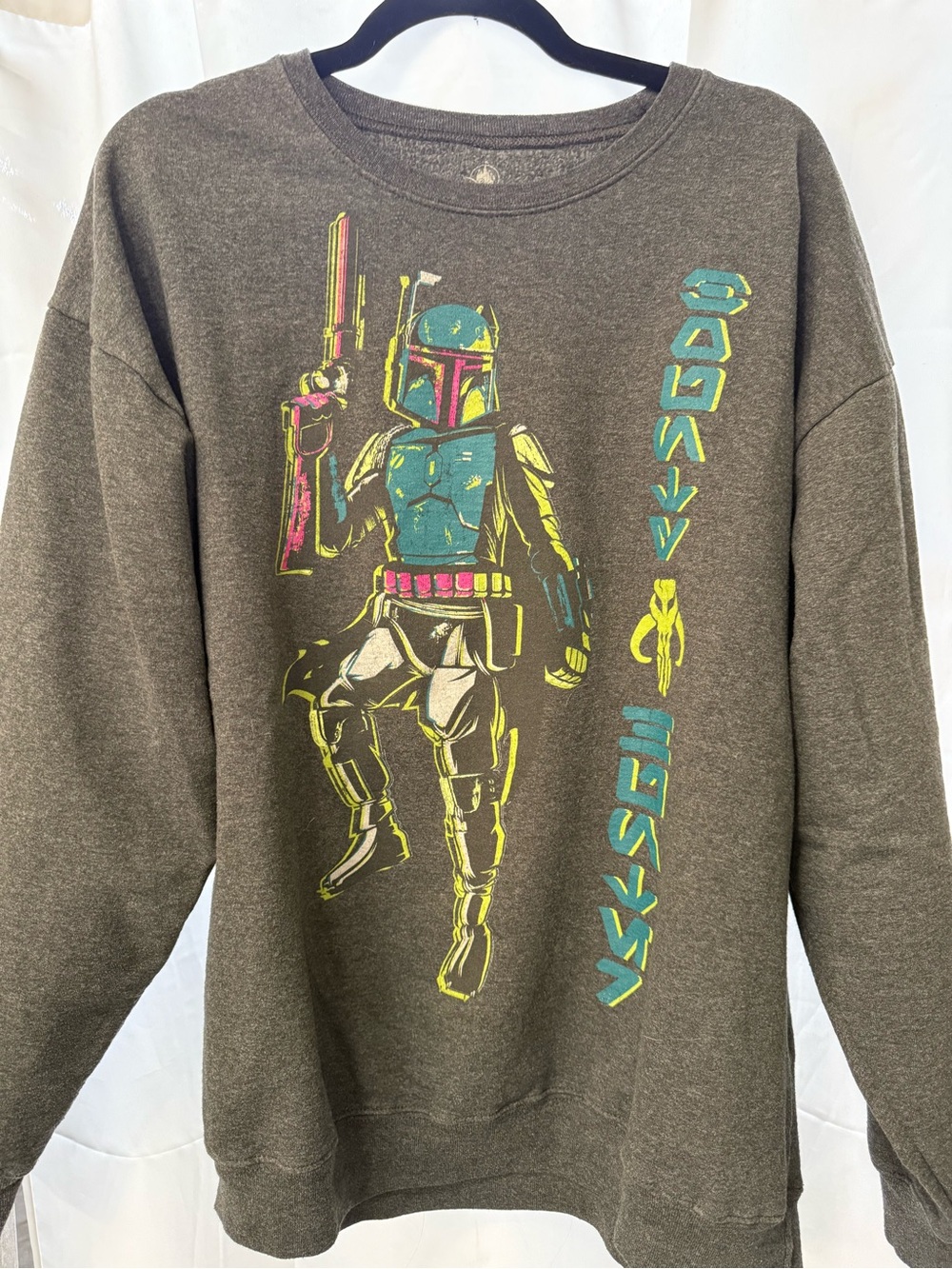 Disney Men's Charcoal Graphic Crewneck Sweater with Neon Boba Fett Print